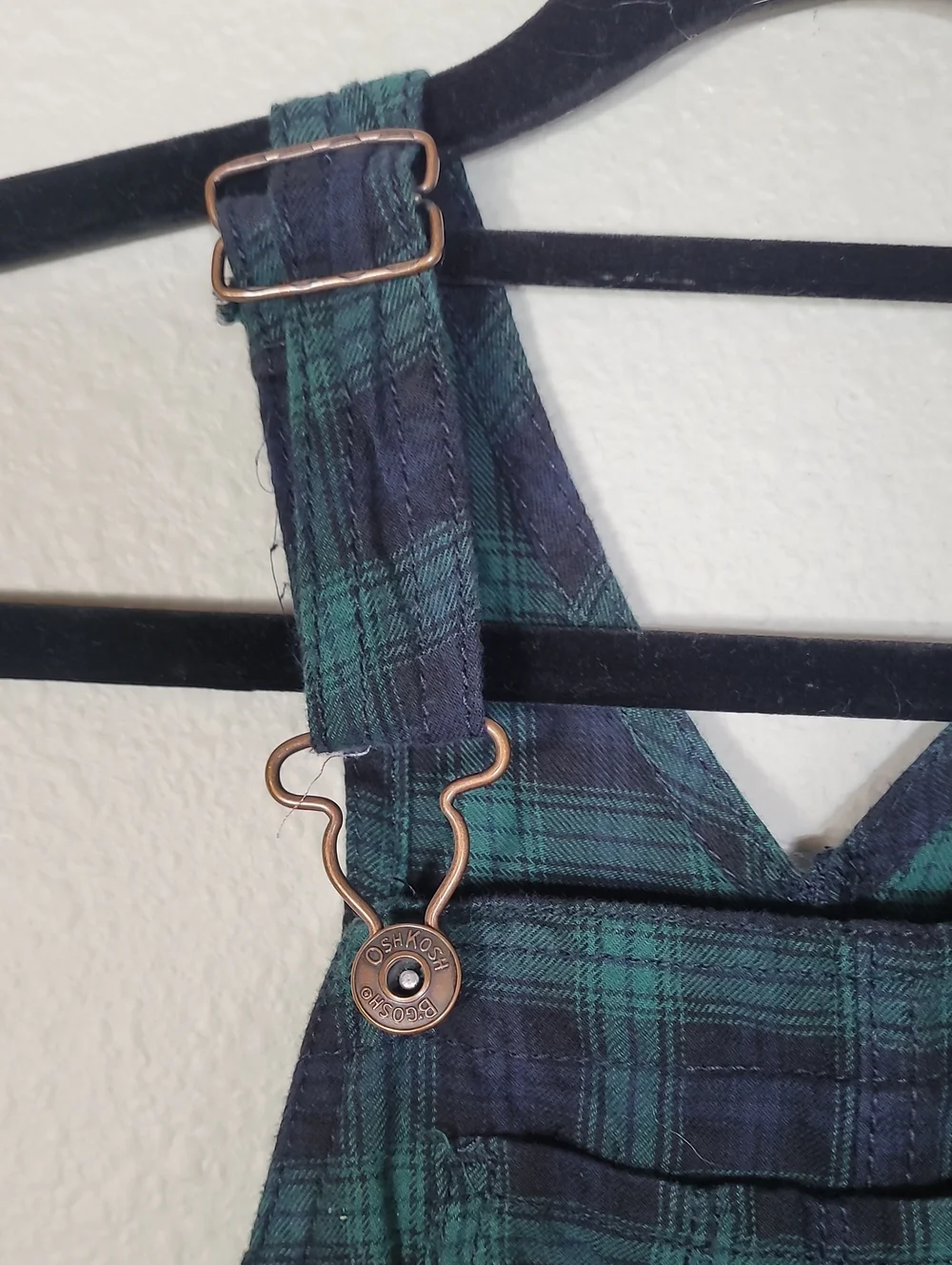 OshKosh Bgosh Plaid Jumper Overall Dress Size 5t Green Navy Preppy Girls Kids